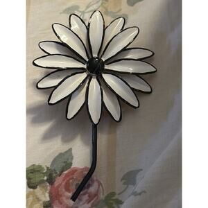 Vintage Signed SANDOR CO Enamel White & Black Daisy Flower Pin Black Stem 4"